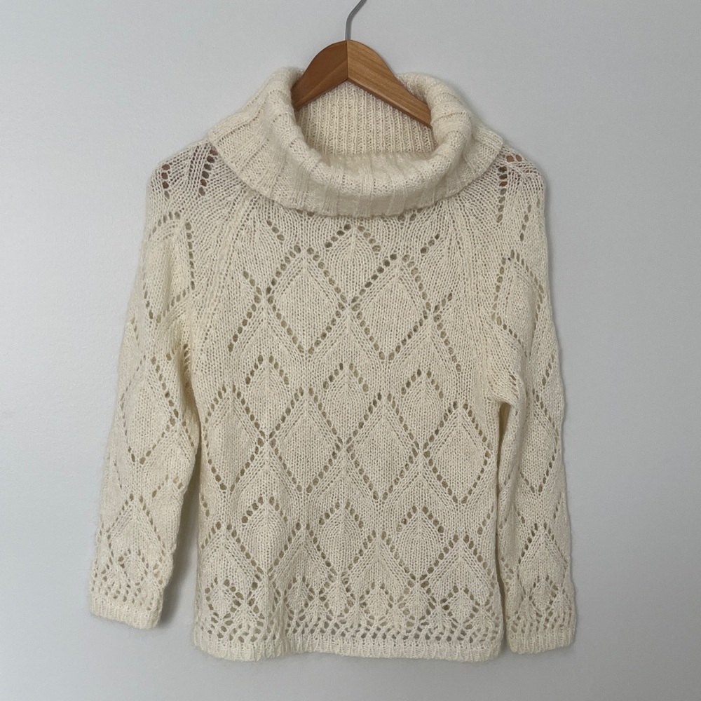 Shu Shu Cozy 100% Wool Cream Lace Knit Turtleneck Sweater, Small/Medium